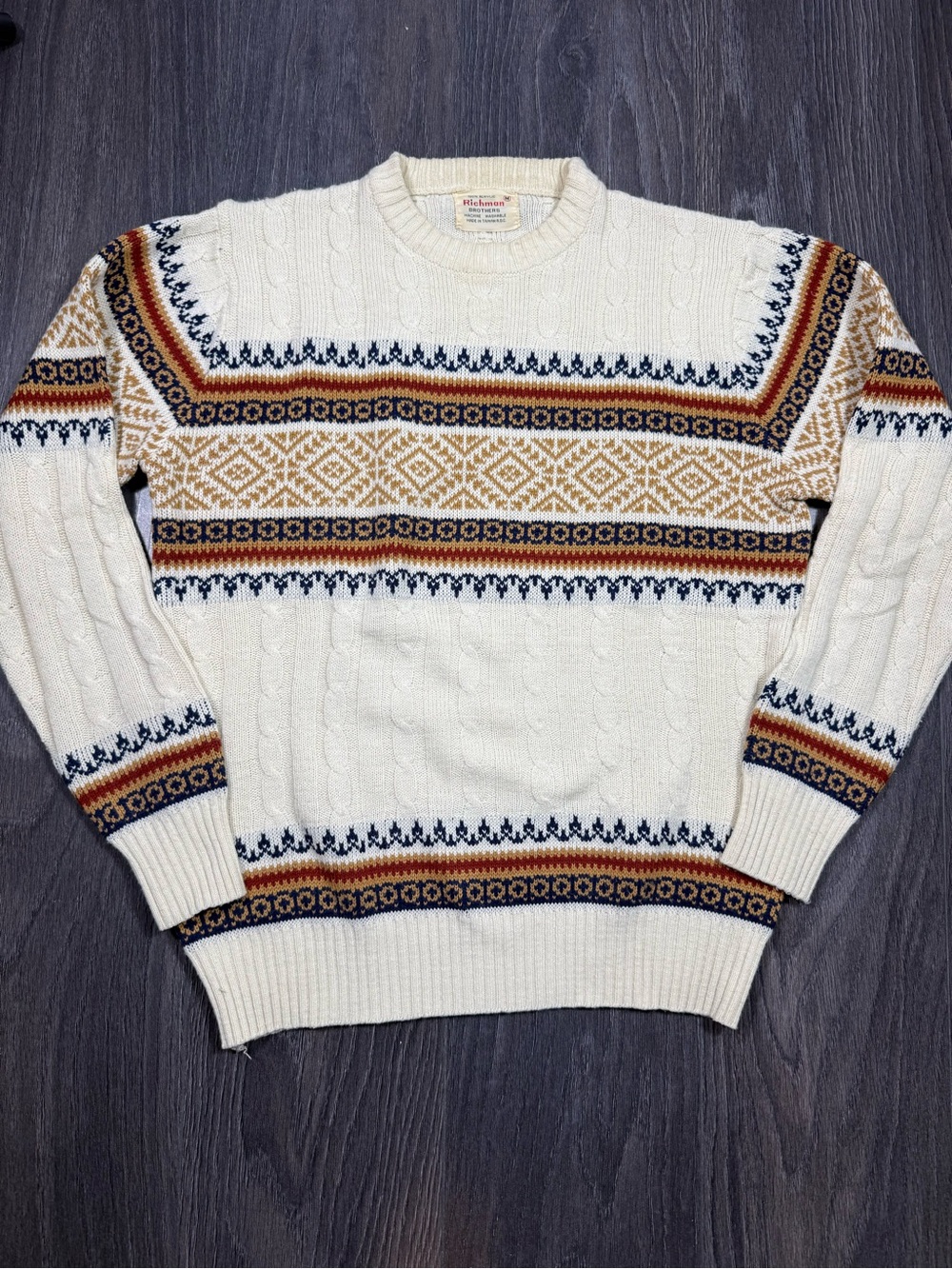 Vintage Richman Cream Fair Isle Cable Crewneck Sweater